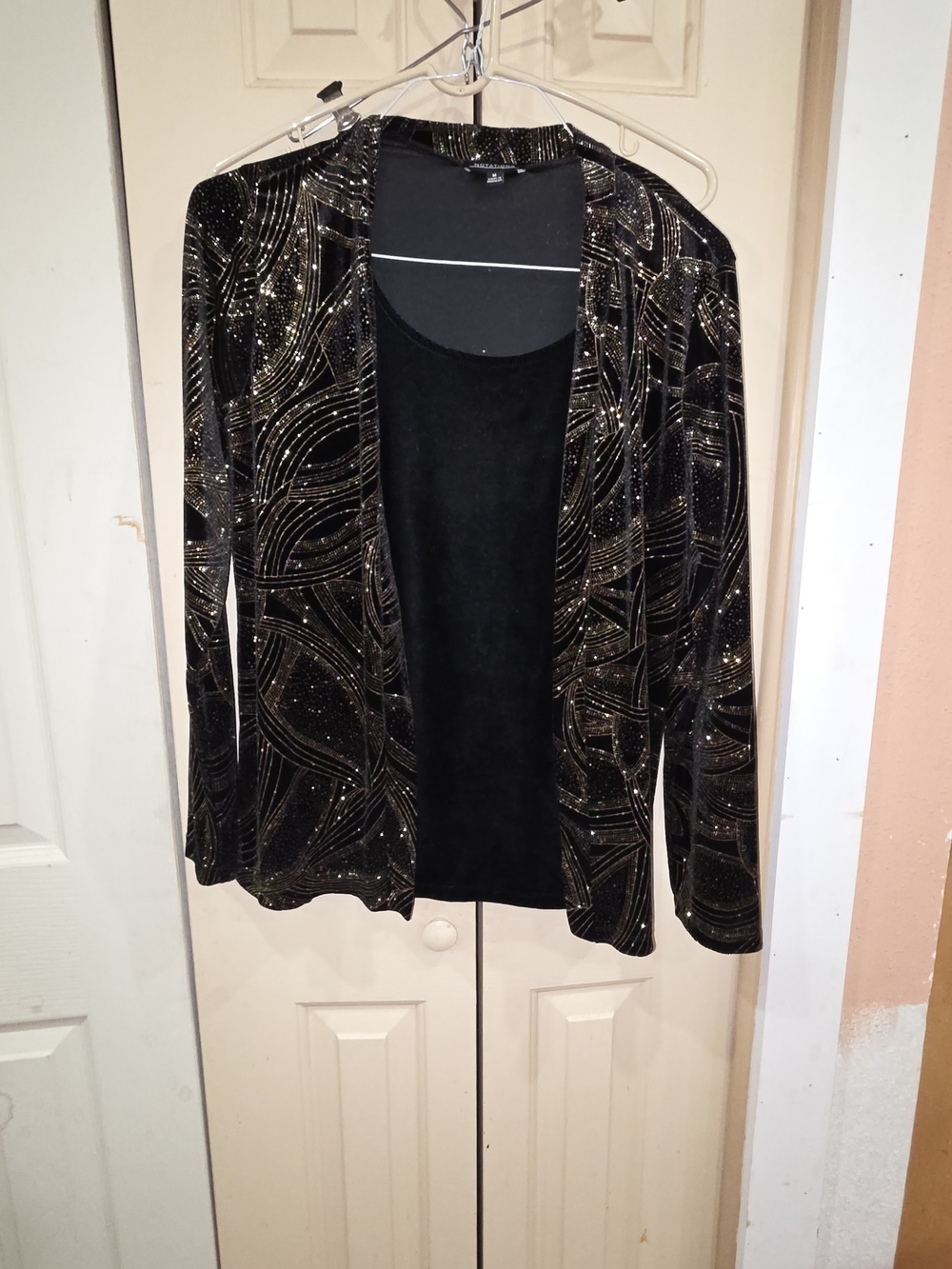 Vintage Notations Black & Gold Embellished Open-Front Cardigan With Velvet Top